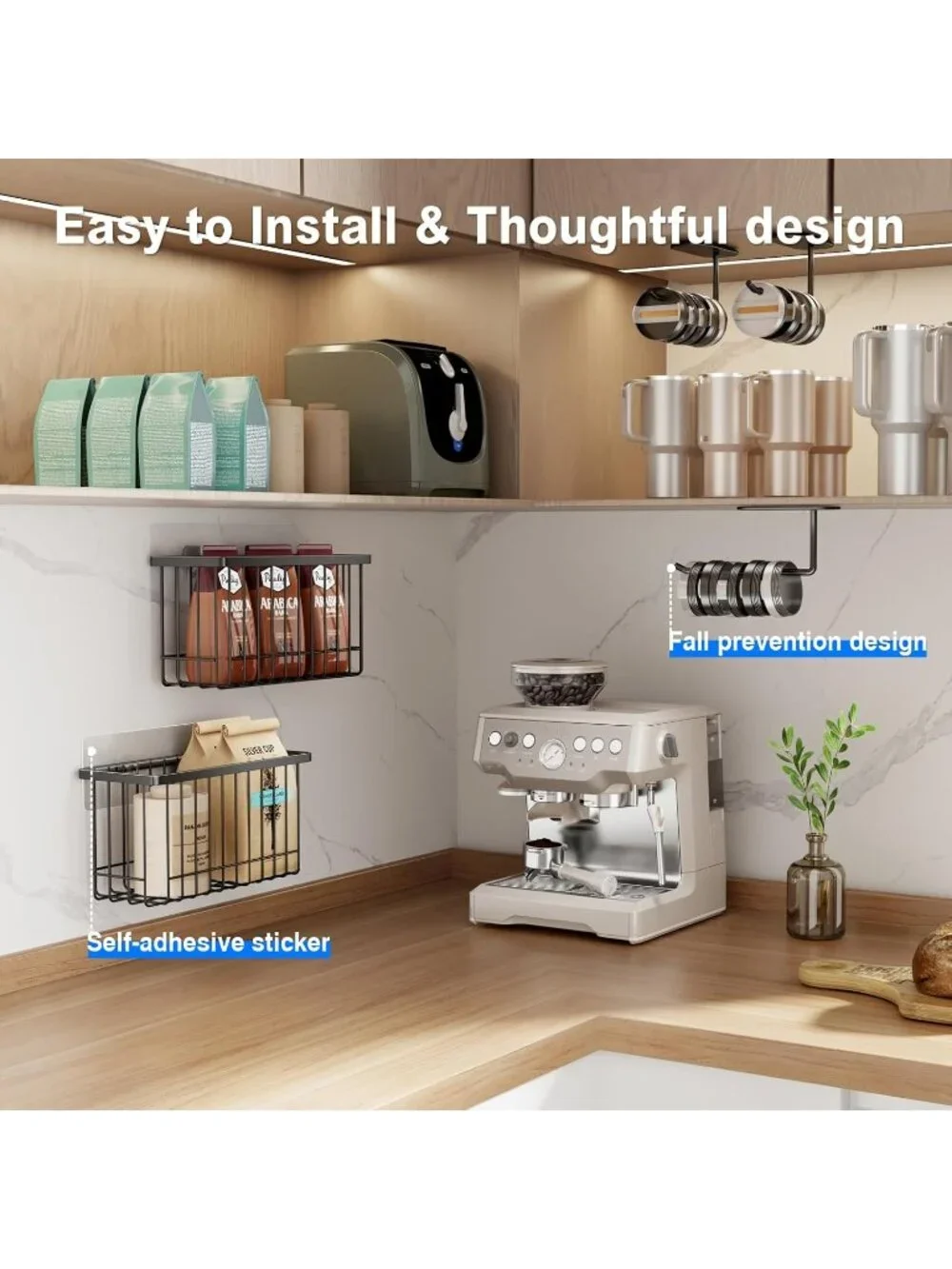 New Black 4 Pack Adhesive Cabinet Door Lid Organizer Wall Mount Basket Set